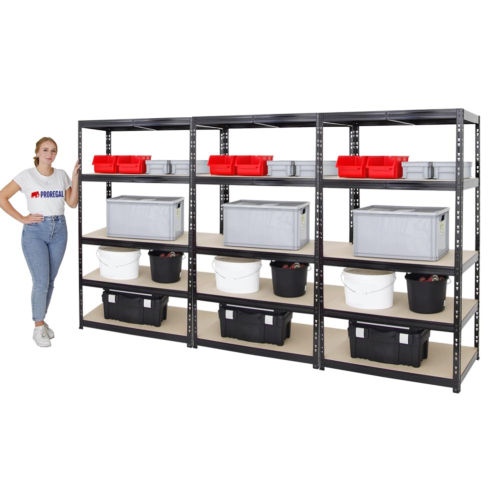 PROREGAL Mega Deal | 3X Schwerlastregal Tiger | HxBxT 180x100x60cm | Fachlast 265kg | Schwarz | Garagenregal, Lagerregal, Steckregal, Kellerregal