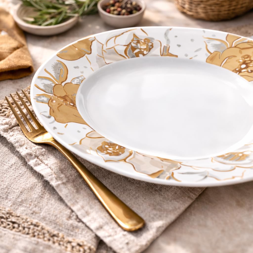 Servizio Piatti 18 Pezzi in Porcellana Lux, Set Tavola 6 Coperti 6 Piani 6 Fondi 6 Dessert Con Decorazione - (Fiori Oro)