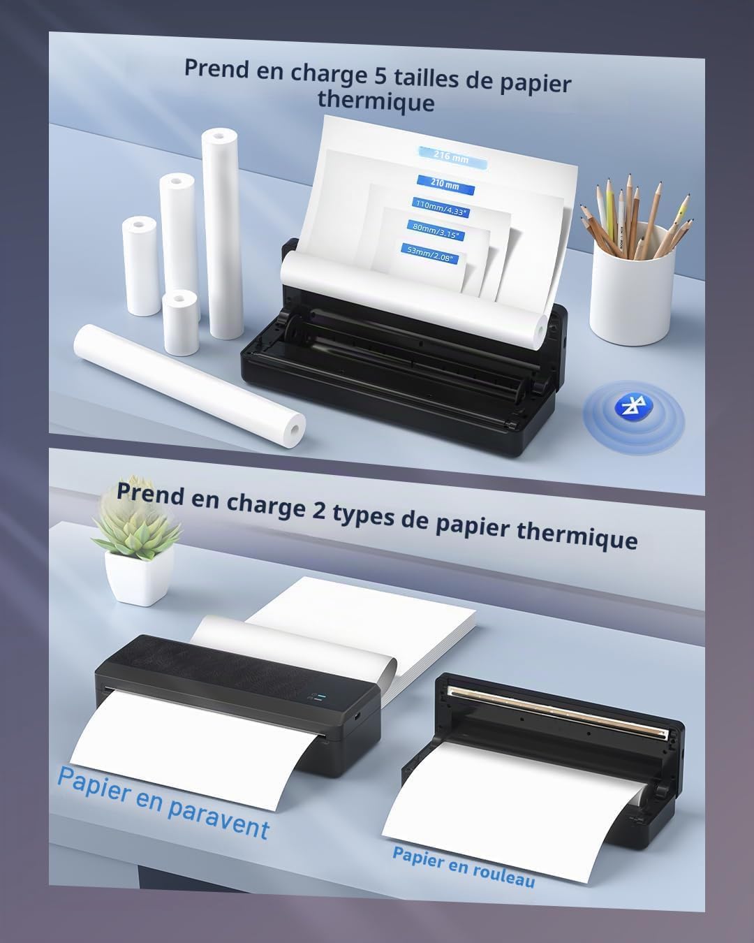 Imprimante Thermique A4, P83 Imprimante Portable sans Encre pour Le Voyage mit 100 Feuilles Papier Thermique , Bluetooth Compatible avec Les Téléphones et Ordinateurs Portables Android et iOS