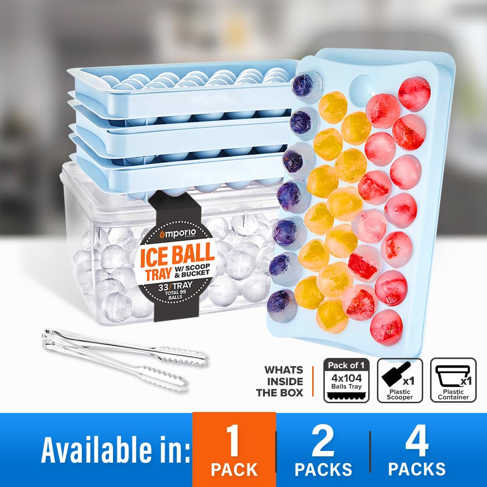 Emporio Kitchen Bandeja redonda para cubitos de hielo con tapa y cubo - Crea 99 bolas de hielo (tamaño de 1.1 pulgadas), bandejas apilables para cubitos de hielo, bolas de hielo de fácil liberación