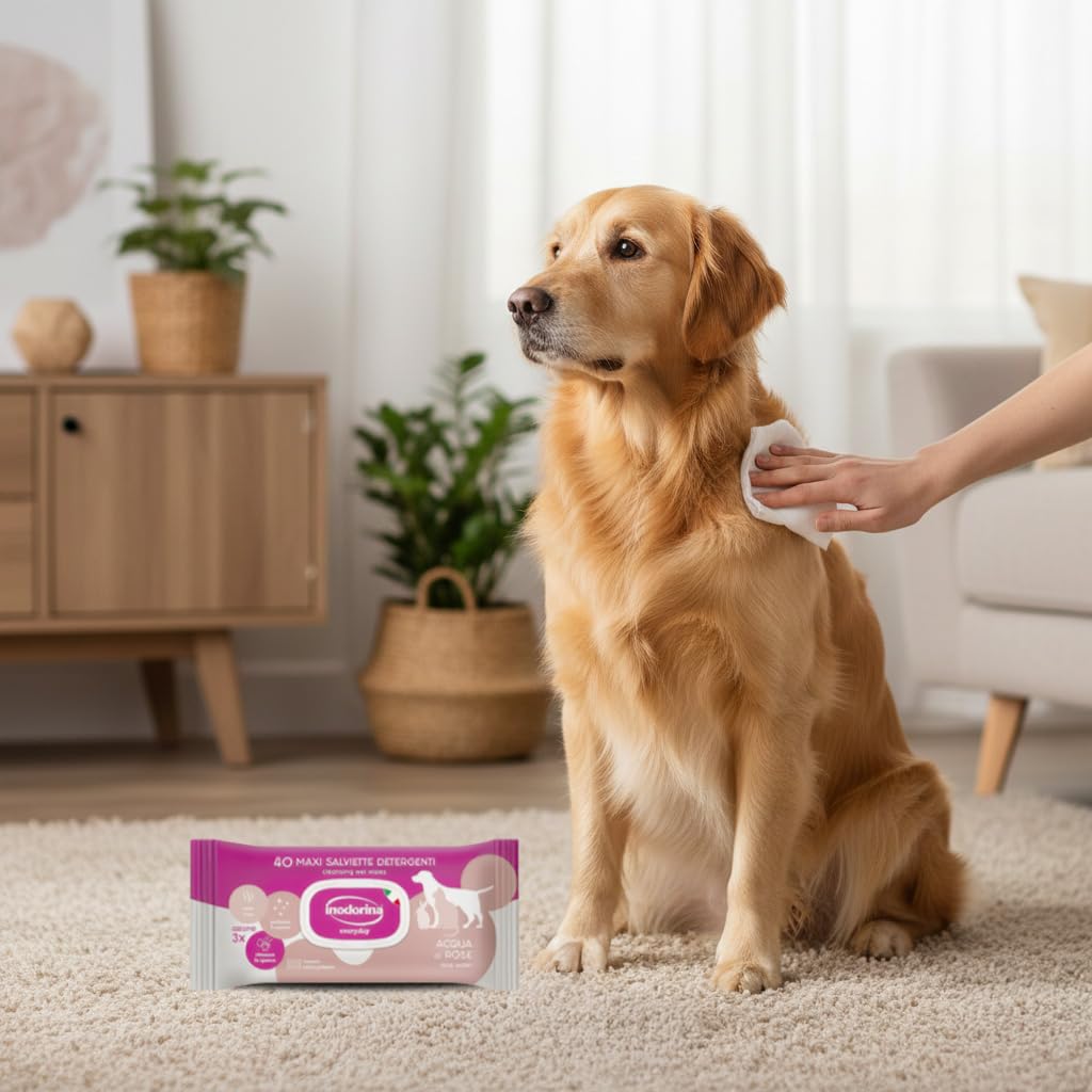 Inodorina Salviette per Cani, Gatti e Cuccioli Everyday (12 Confezioni da 40 Pezzi, Acqua di Rose) – Salviettine per Animali in Tessuto Resistente con Odor Stop – Azione idratante ed emolliente