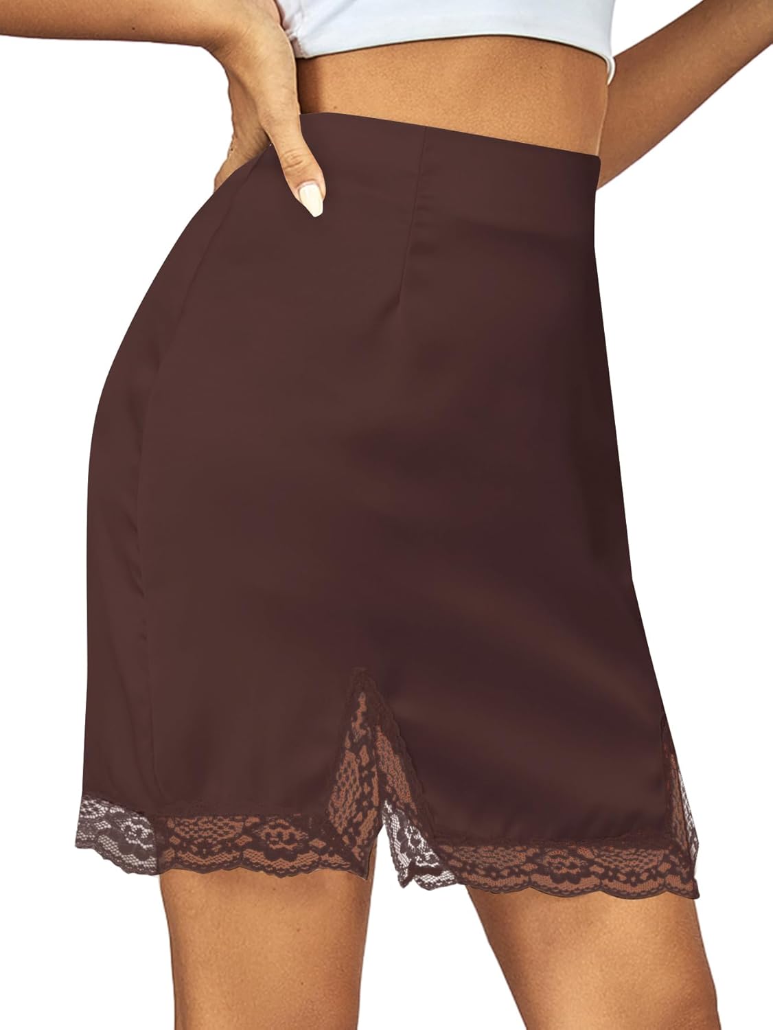 Vrtige Women's Satin Lace Trim High Waist Split Hem Bodycon Mini Short Skirt - Image 3