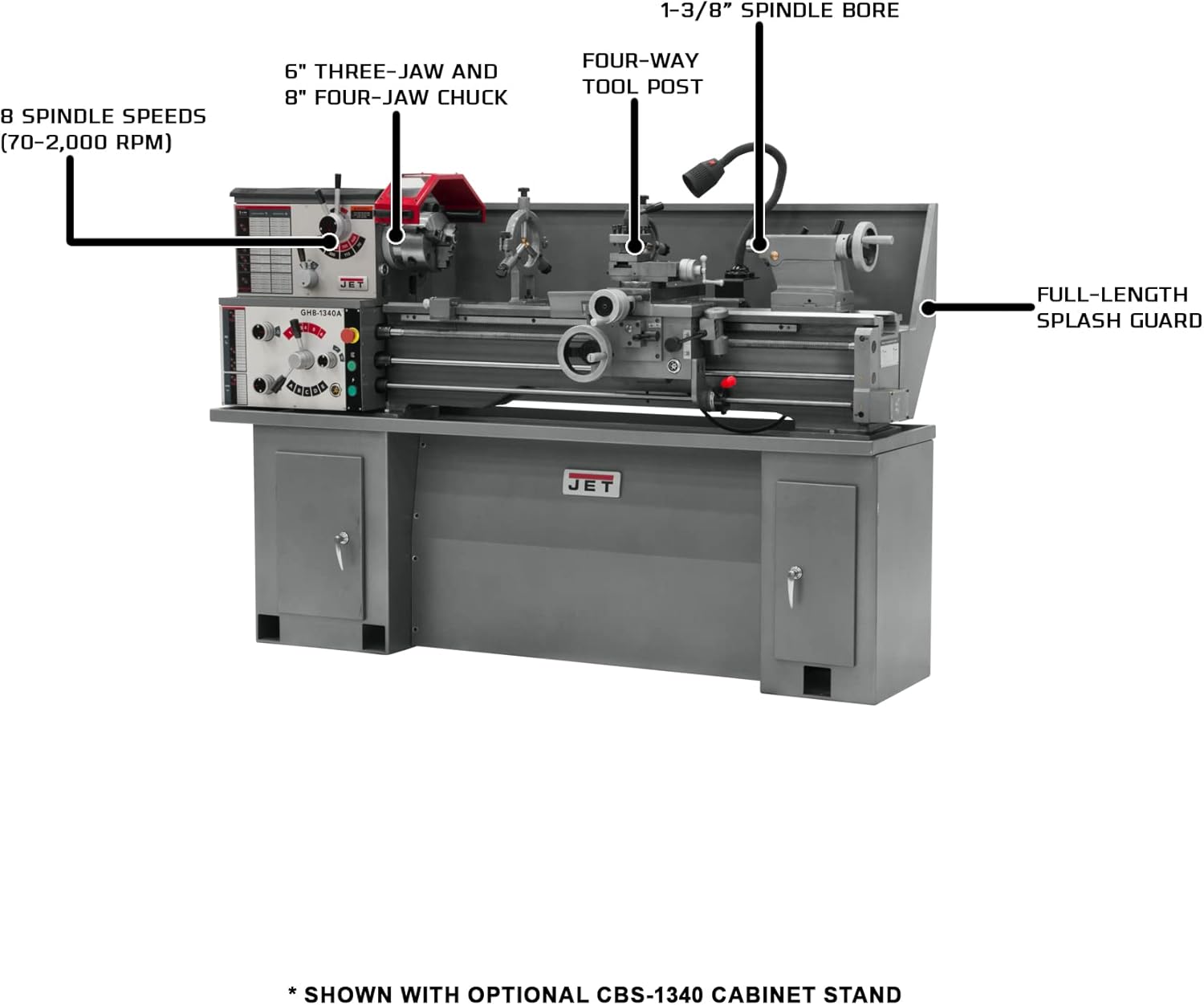 JET GHB-1340A, 13" x 40" Geared Head Bench Lathe with Taper Attachment, 2HP, 1Ph 230V (321119) - Power Metal Lathes - 