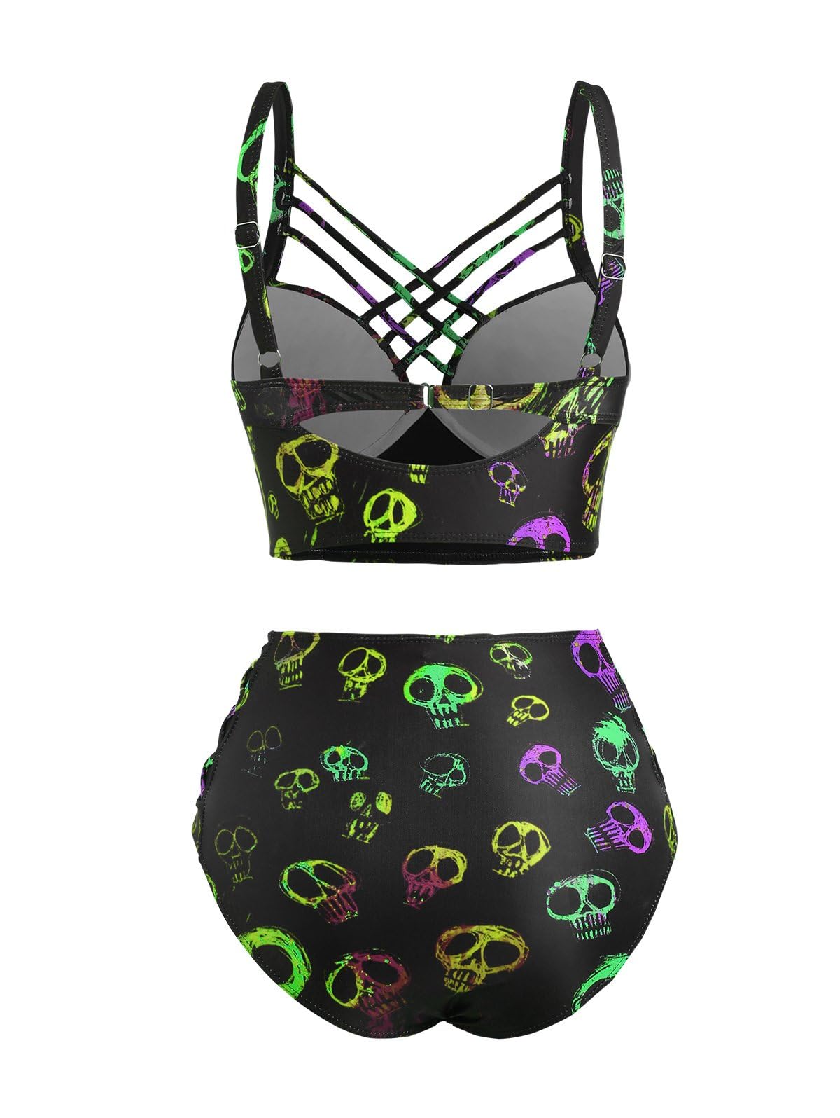DRESSFO Gothic Galaxy Skull Print Bikini Set Retro Vintage Tummy Control Two Piece Tankini: Green_1 Small