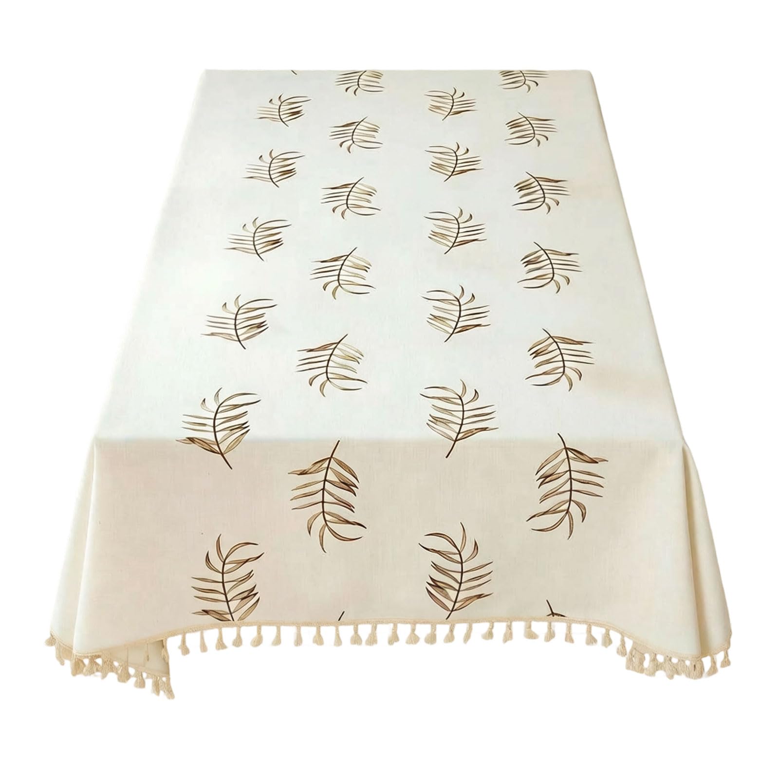 Jazuaiao Decorsative Tassels Trim Tablecloth Leaves Embroidery Elegant Protective Table Cover Farmhouses Kitchen Restaurant Decors Embroidered Table Cover