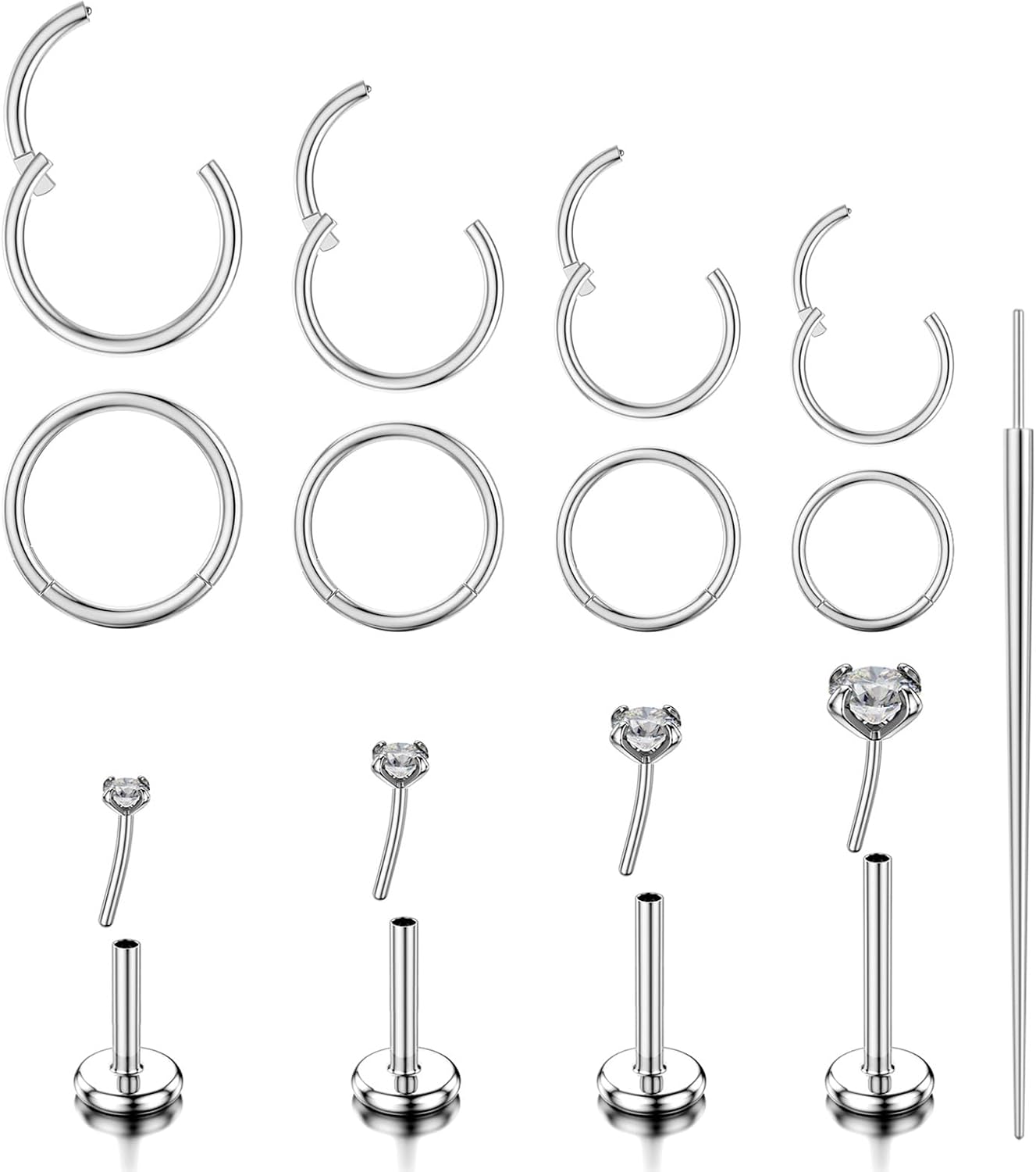 TOPBRIGHT 8Pcs 14K Gold Plated Nose Rings Set for Women Men – Hypoallergenic 316L Surgical Steel Flat Back Stud Earrings with CZ, 20G 18G 16G Push in Threadless for Helix Tragus Conch Nostril Septum