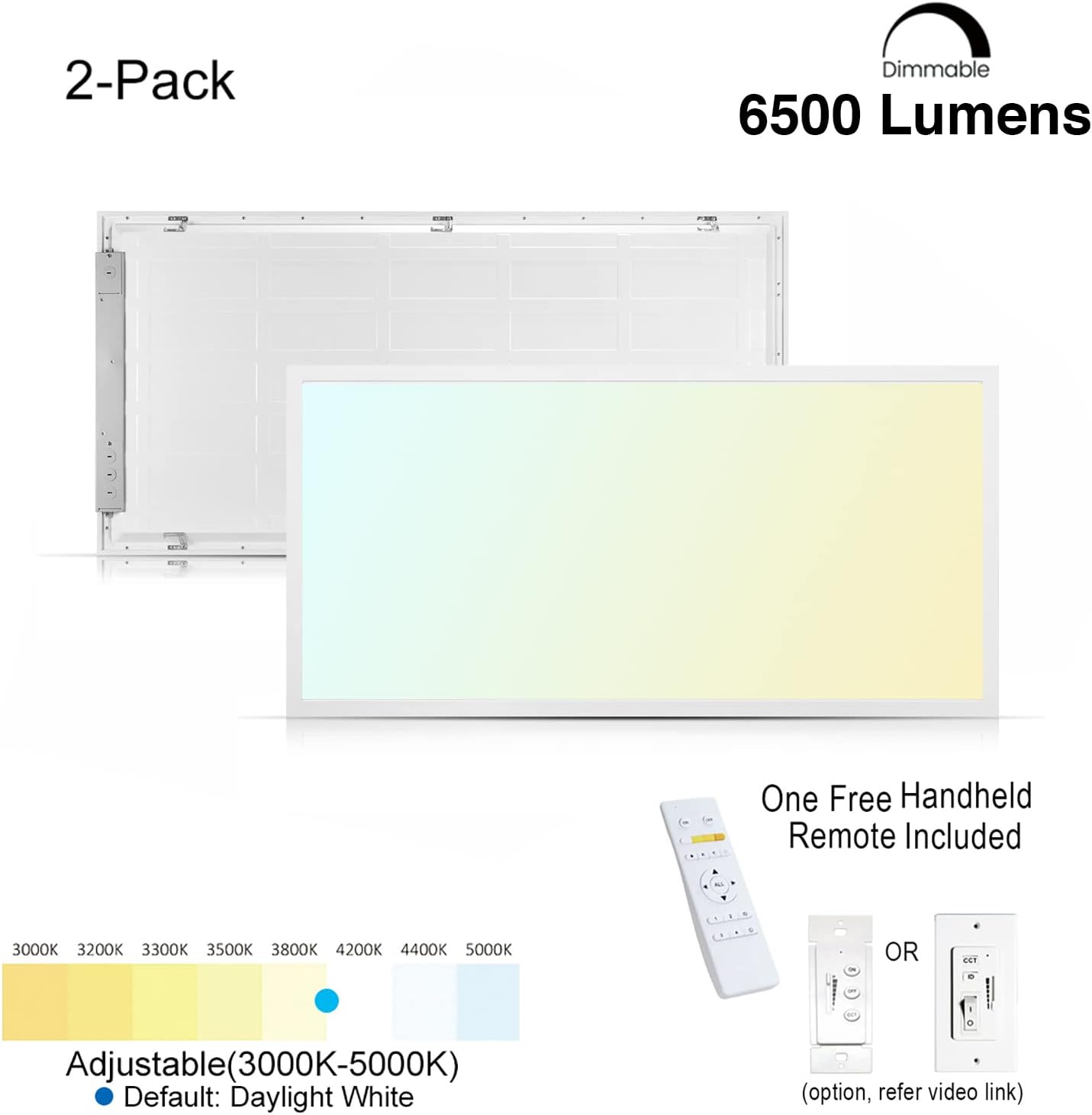 2x4 LED Flat Panel Light 3000K - 5000K 50W 600W Equivalent 0-10V Dimmable 6500 Lm CCT Color Change Edge Lit LED Panel 120-277V Drop Ceiling Light Indoor Commercial UL DLC Listed, 2 Pack