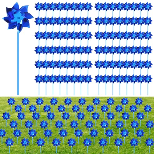 VioraWhite 200 Pcs Blue Pinwheels Reflective Pinwheels with Stakes Fundraising Support Events Charity Gift-Giving Yards and Garden (4.3 Inch)