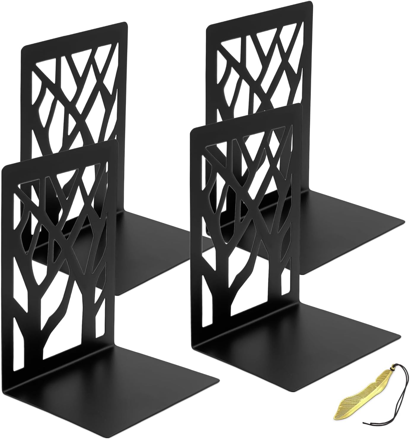 Mgood Book Ends, Metal Bookends, 2 Pair Black Book Ends for Shelves, Heavy Duty Bookend Book Holders for Shelves, Non Skid No Rusting Book End, Unique Designs Book Stopper for Home, Office, Library
