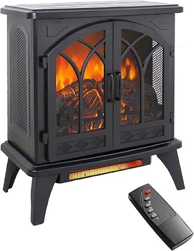 Chimenea eléctrica de 24 pulgadas, estufa virtual de pie con control remoto de brillo, temperatura, tiempo, 1500 W, 5000 BTU, negro, llama 3D,