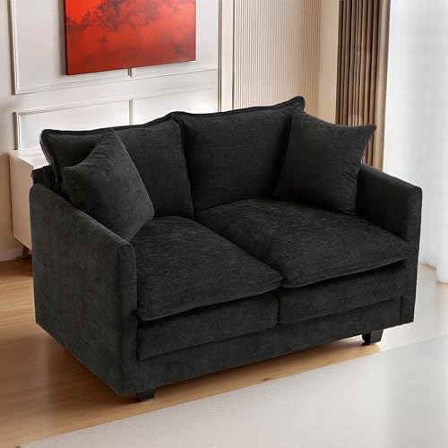 50" Loveseat Sofa Cloud Couch Small | Mini Chenille Love Seat Couches with 2 Pillows | 27.16" Deep Seat for Small Spaces Bedroom Dorm Apartment | Black