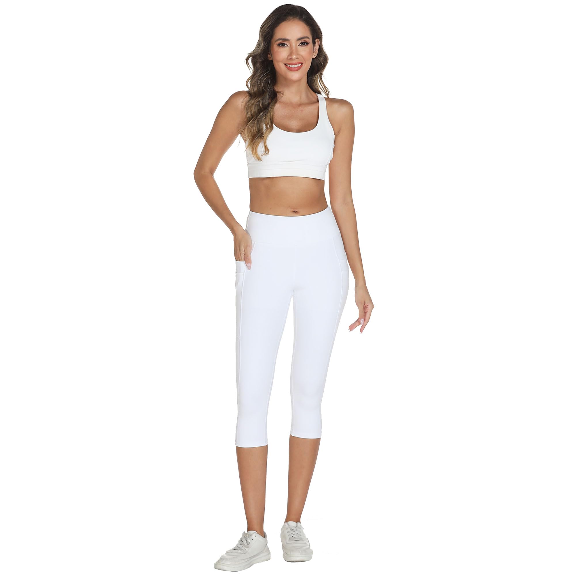 adorence Legging 3/4 de Sport Femme avec 5 Poches, Pantalon de Sport 3/4 Opaque, Pantacourt de Yoga Femme Taille Haute