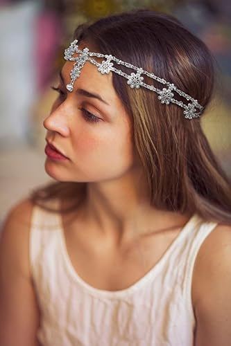 Miniatura 5 de WOVOWOVO Joyas para la cabeza para mujer, cadena de cabeza plateada, joyería para el cabello, diademas de boda bohemias para novia, accesorios para
