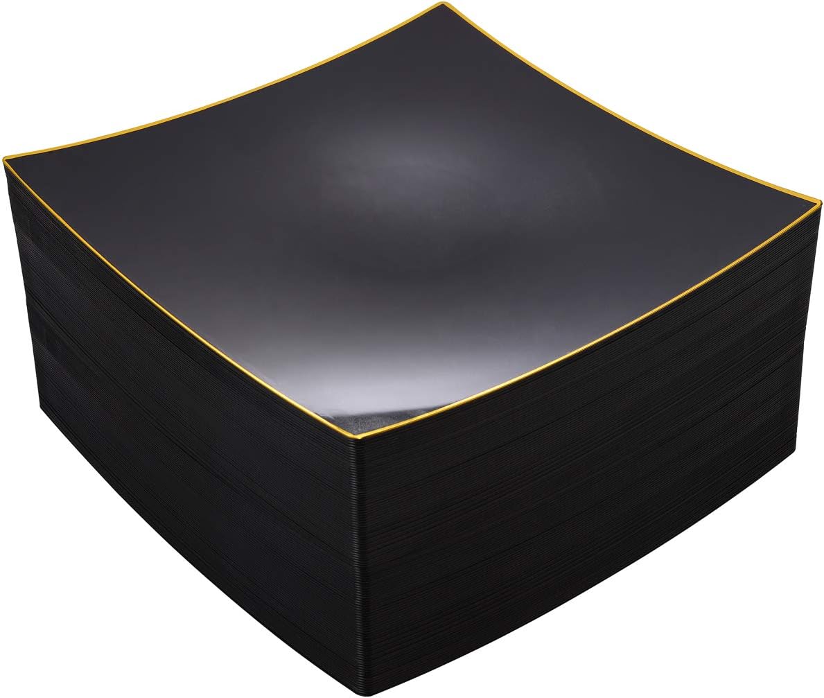 NERVURE 60Pieces Black with Gold Rim Plastic Plates- Square Disposable Plates-Wedding Party Ware Including 10.5 Inch Heavy Duty Dinner Plates