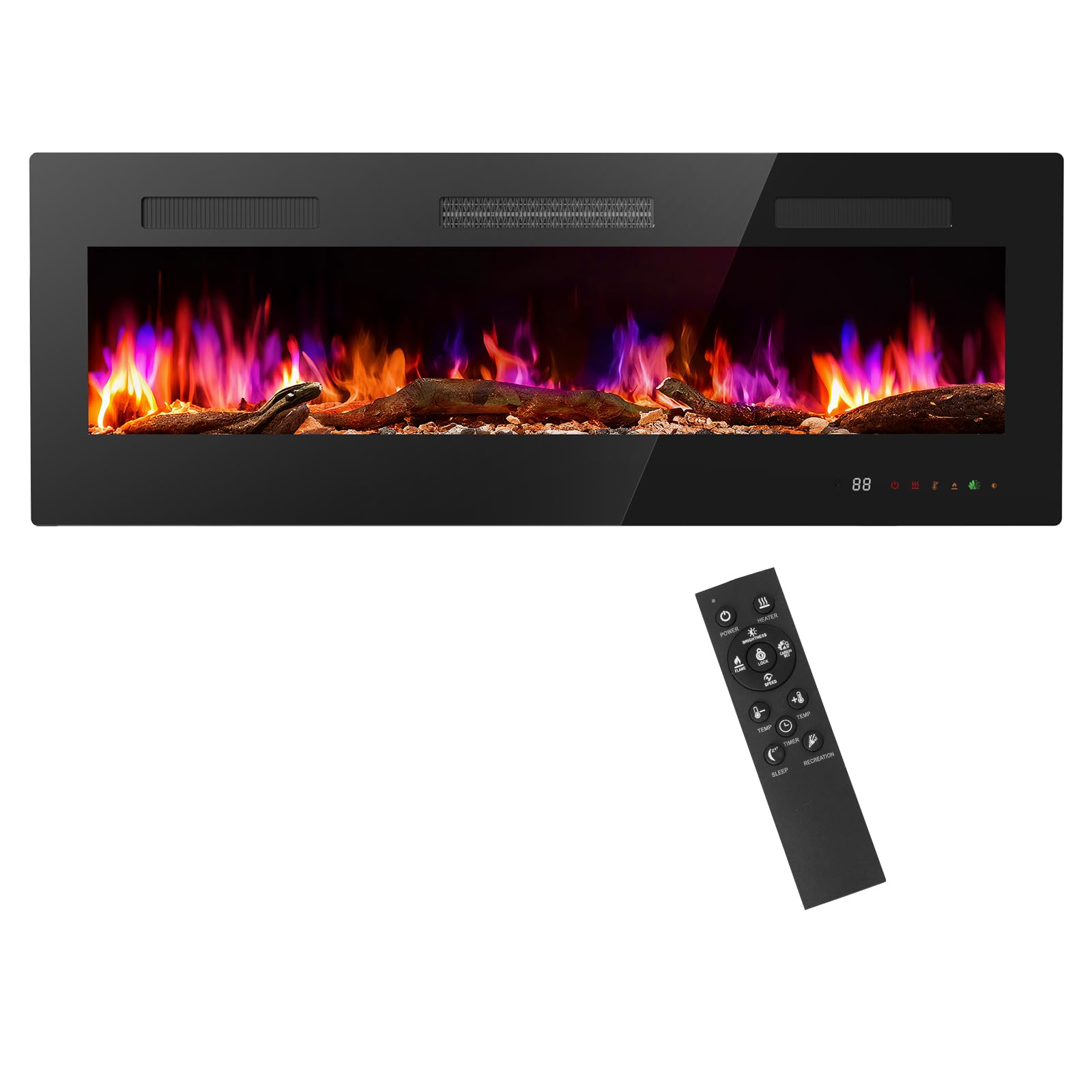 sweetcrispy 60” electric fireplace insert, wall mounted & recessed fireplace, 1500w freestanding fireplace heater with remote & touch panel control, adjustable flame effect, 12h timer for indoor use