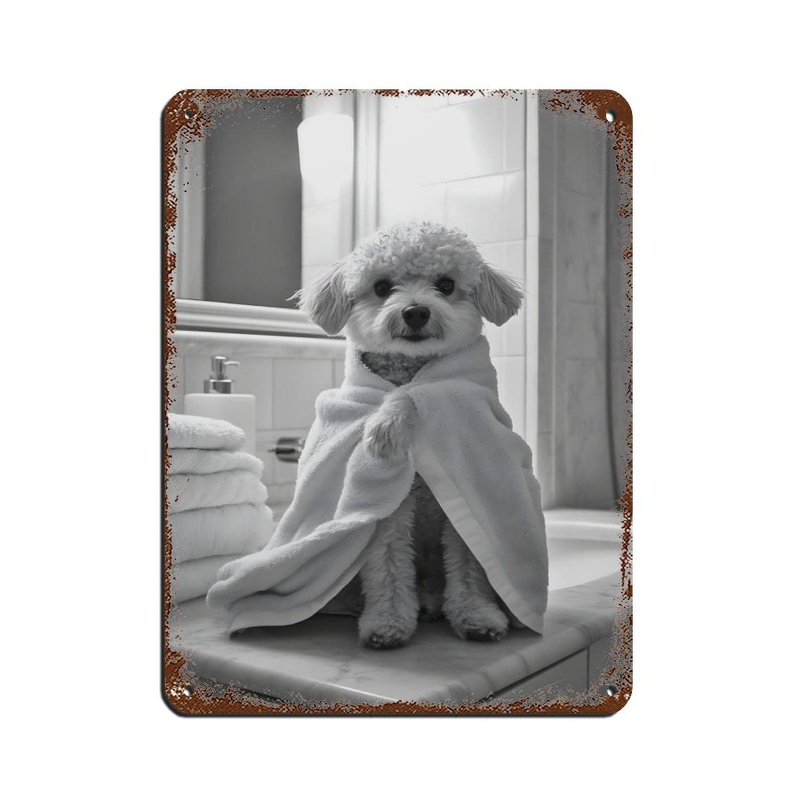 Lxwnze 30L X 40W Cm Cute Poodle In Towel Bathroom Decor Retro Poster Metal Tin Sign Chic Art Retro Iron Painting Bar People Cave Cafe Family Garage Poster Wall Decoration 12X16inch(30X40cm)