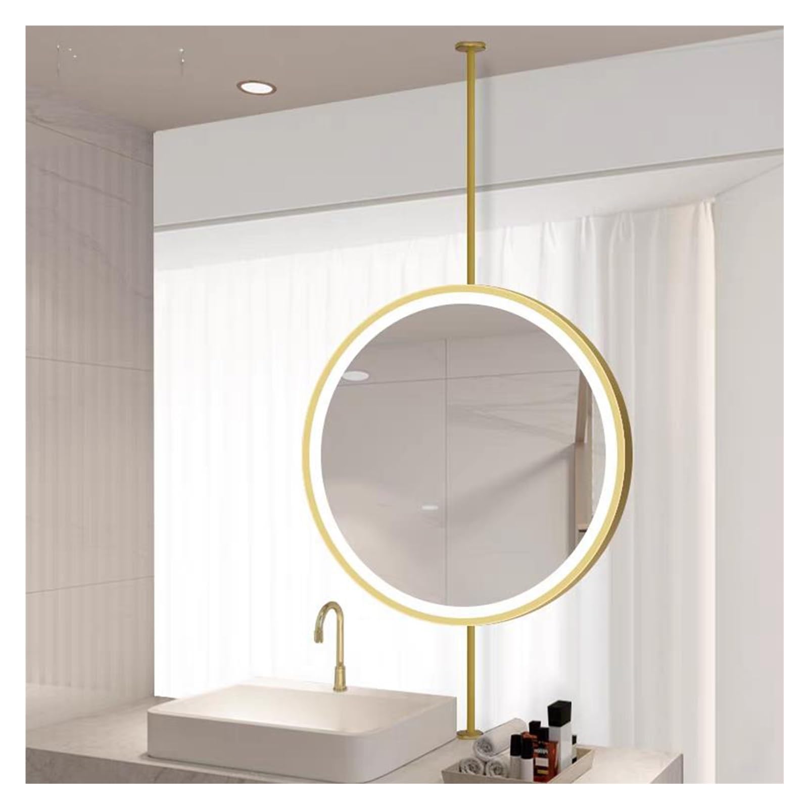 FGXHHS Ceiling Wall Mounted Round Floating Mirror With LED Lighting, Suitable For Hotel Apartment Decoration, Makeup Mirror(Gold,50x50cm)