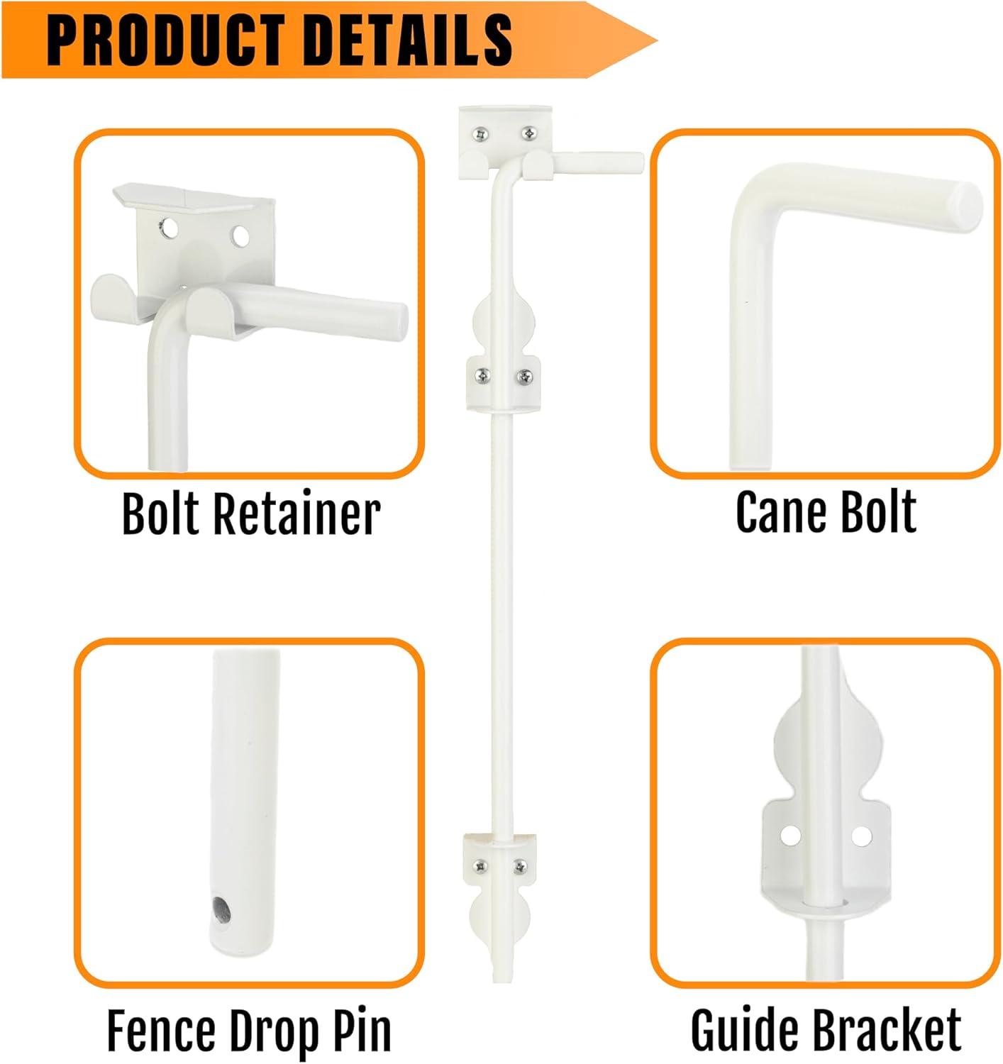 18" Heavy Duty Cane Bolt Gate Drop Rod-Steel Gate Ground Latch Designed for Wood Metal Vinyl Gates or Double Doors Fence Applications-2 Pack（White）