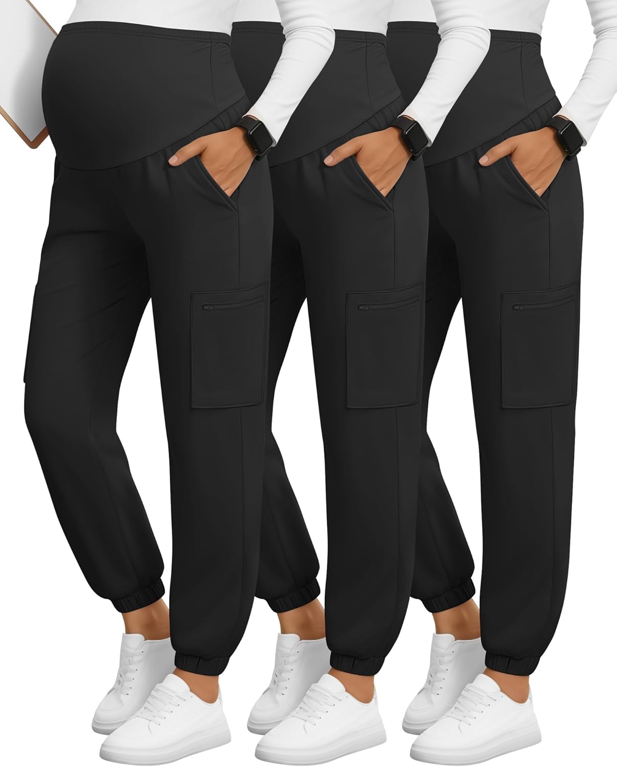 3 Pack Women's Maternity Scrub Pants, Workwear Pregnancy Jogger Pants Over Belly Yoga Sweatpants Zippered Pockets(Black,Medium)