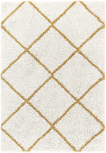 Image of Super Ultra Modern Soft Shaggy Handcrafted Anti-Skid Silk Touch Carpet, Size 12x15 Feet, Color Ivory & GOLDD