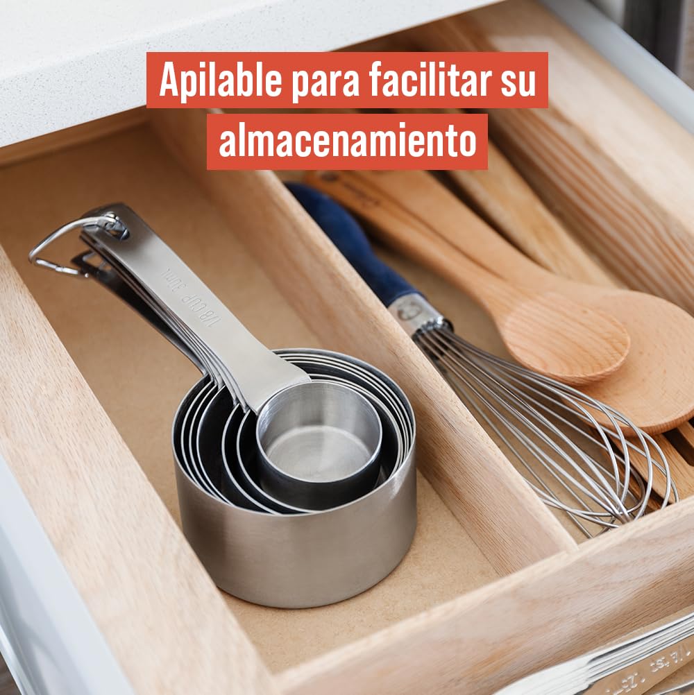 Chef Pomodoro Tazas Medidoras Cocina - Juego de 7 Piezas Medidores de Cocina Acero Inoxidable Apilables con Mango Largo y Resistente - Cucharas Medidoras para Ingredientes Húmedos y Secos