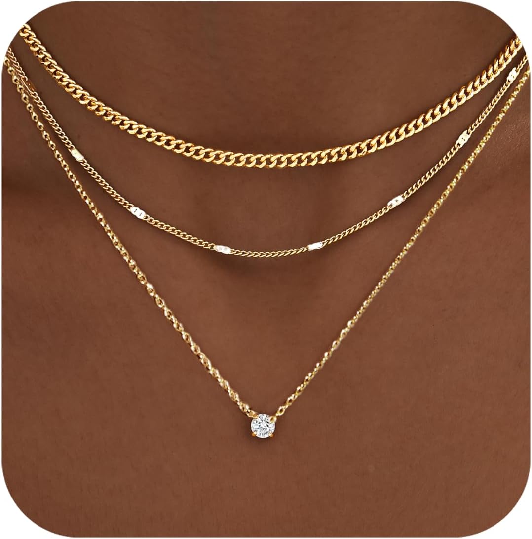 WomenGifts Layered Gold Necklaces for Women, 14K Gold Sterling Silver Plated Dainty Pendant Necklace Set with Cubic Zirconia Circle, Chunky Stackable Cuban Chain Choker, Trendy Personalized Birthstone Jewelry Gift Non Tarnish