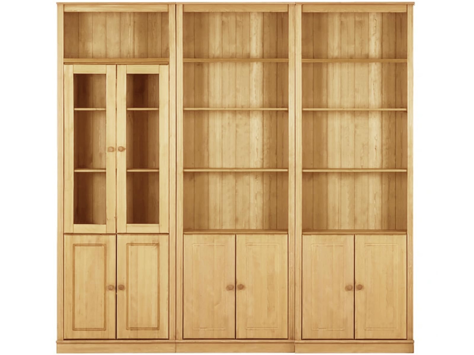 Anita Wall Unit 4 with 3 bookcases, 6 wooden doors, 2 glass doors in stained wax,37x223x222 cm (DxHxW)