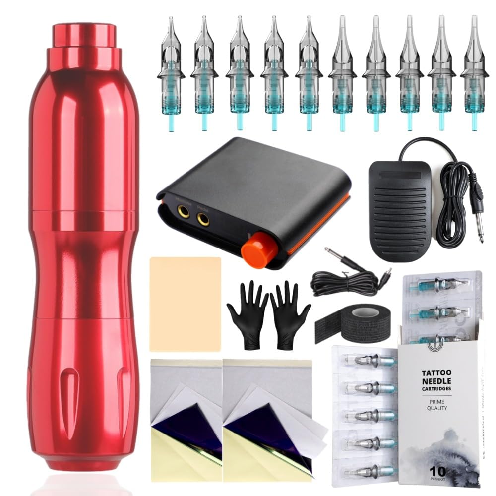 Kit penna rotativa per tatuaggi - Macchina per tatuaggi in alluminio con mini alimentatore digitale, corsa da 3,2 mm, motore da 6900 giri/min, pedale,Rosso