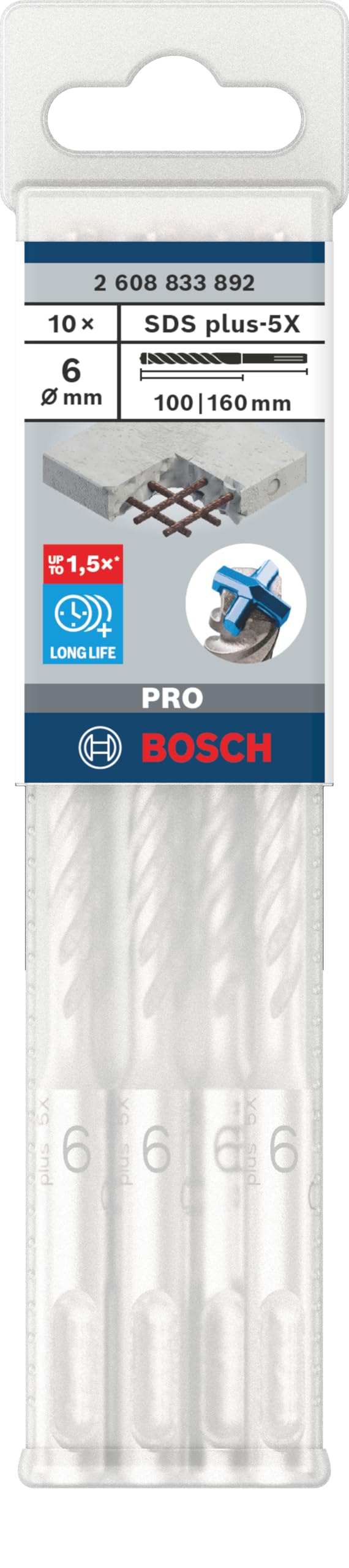 Bosch Professional 10szt. Wiertło SDS-Plus 5X 6x100x160mm (do betonu, betonu zbrojonego, muru, cegły, Ø 6 x 100 x 160 mm, Akcesoria do młotów udarowych)