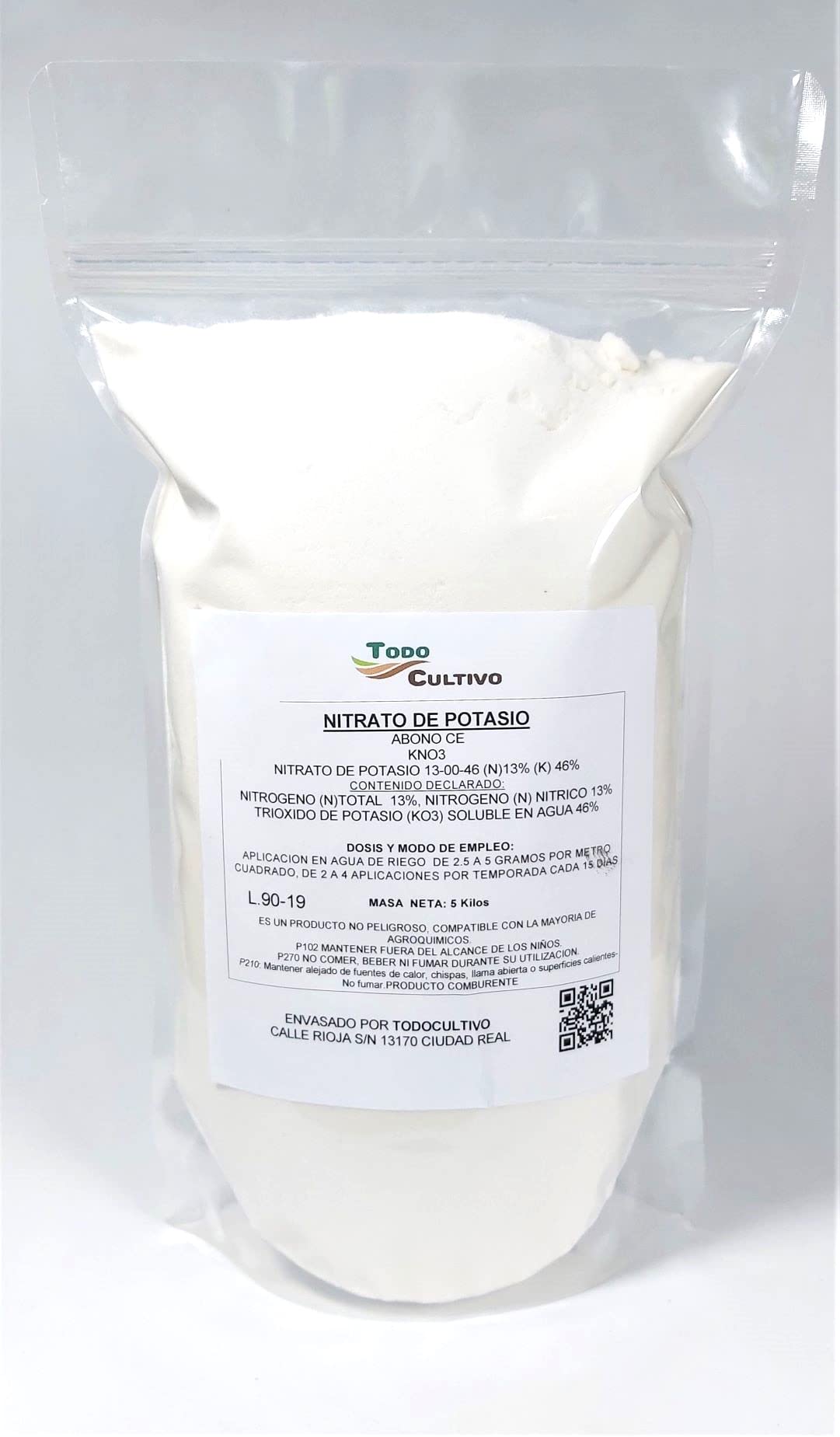 Fertilizante Nitrato potásico Puro (KNO3) 13-00-46. 5 Kilos. Muy Utilizado para la maduración en frutales, Huerta y Cualquier Cultivo Donde la generación de azucares se indispensable.