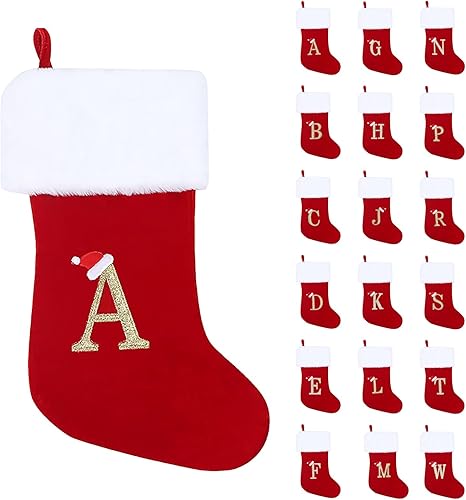 Medias de Navidad con iniciales A 20 pulgadas grandes bordadas de punto letras rojas blancas vintage copo de nieve para colgar Xams de Navidad