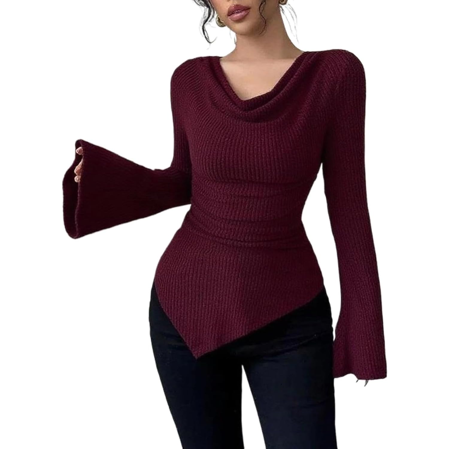 Bell Sleeve Tops for Women Off Shoulder Ruched Shirt Crewneck V Neck Convertible Slim Fit Blouse Casual Work
