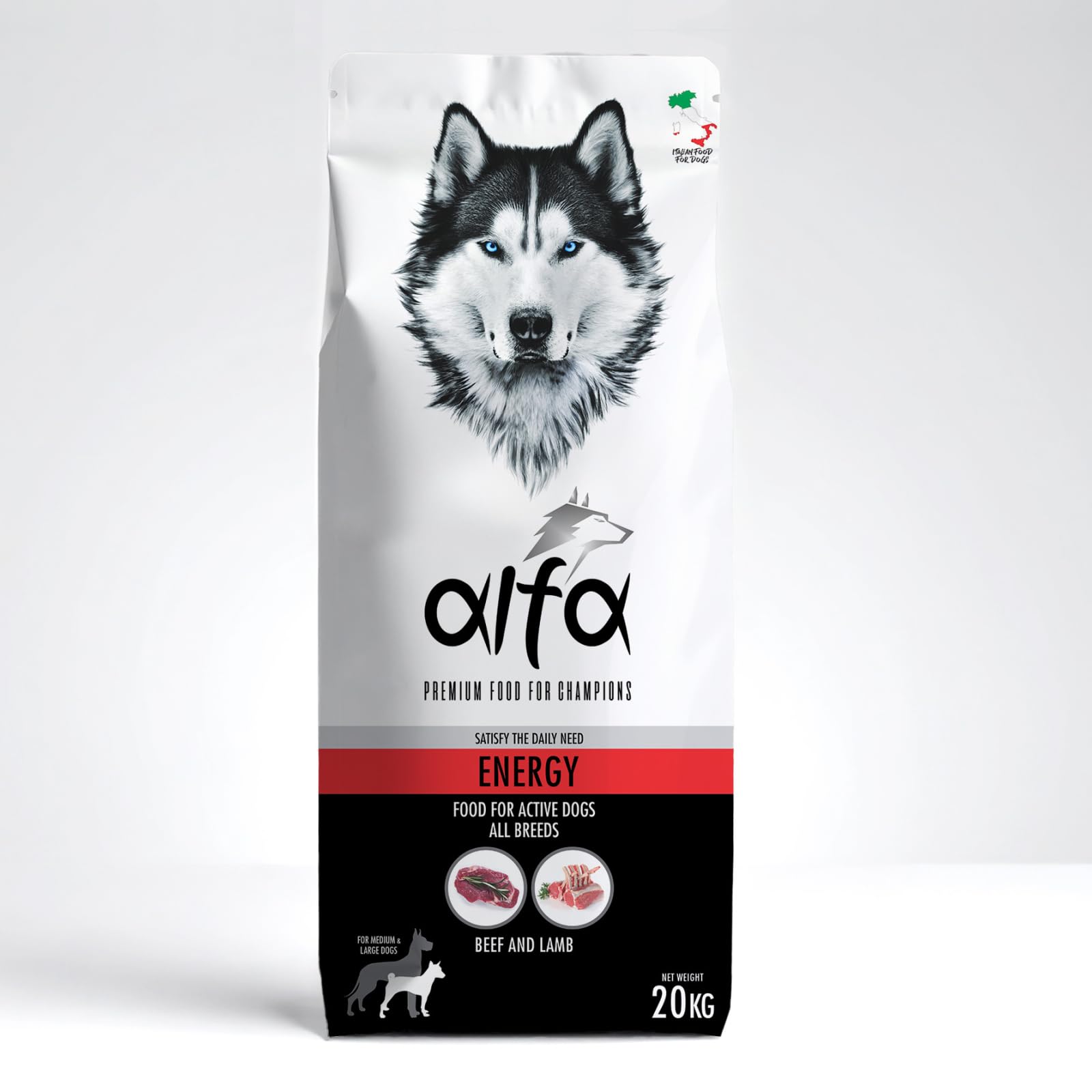Alfa Energy - Pienso Sabor Carne de Vacuno y Cordero, Alimento Seco para Perros Adultos de Todas las Razas, con Altas Necesidades Energéticas, 20 kg