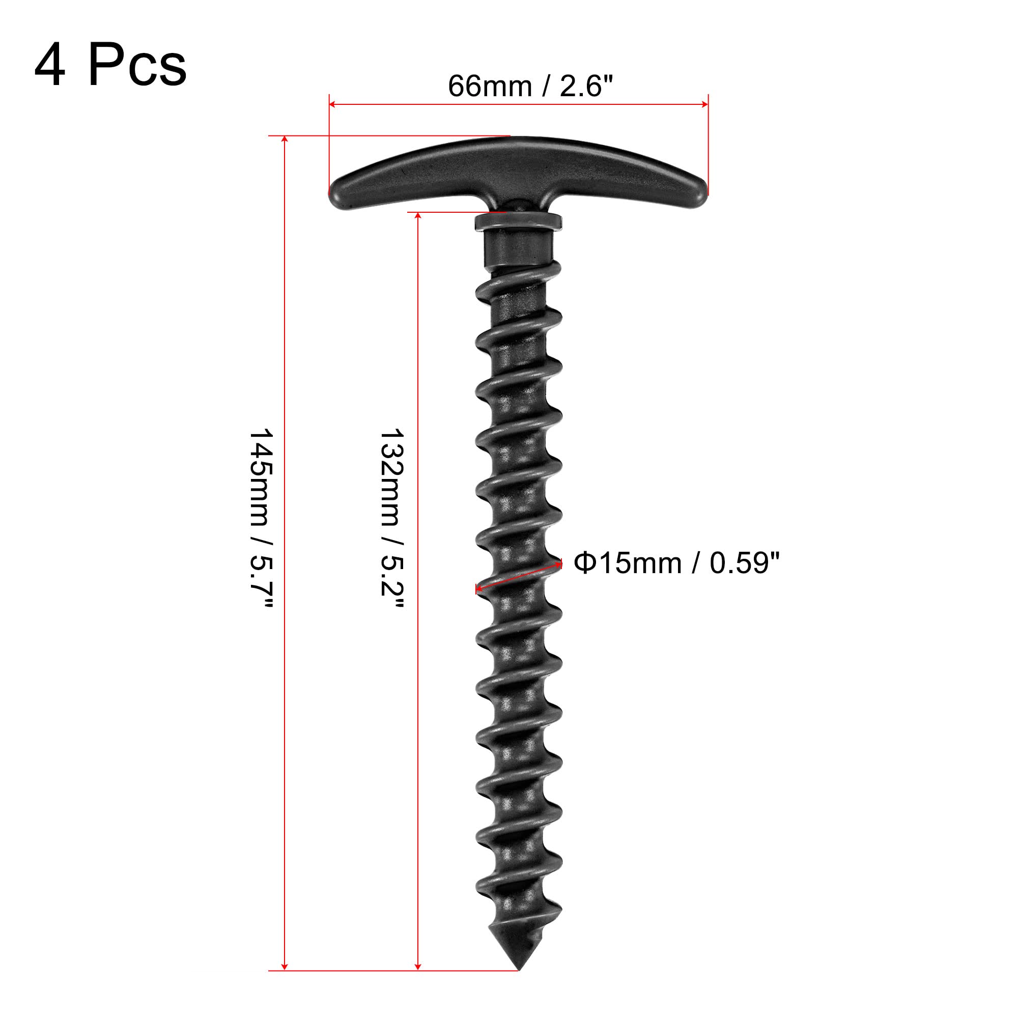 MECCANIXITY Tent Stakes T Shape Spiral Plastic Ground Pegs 14.5cm/5.7 Inch for Outdoor Camping Canopy Tarp, Black Pack of 4