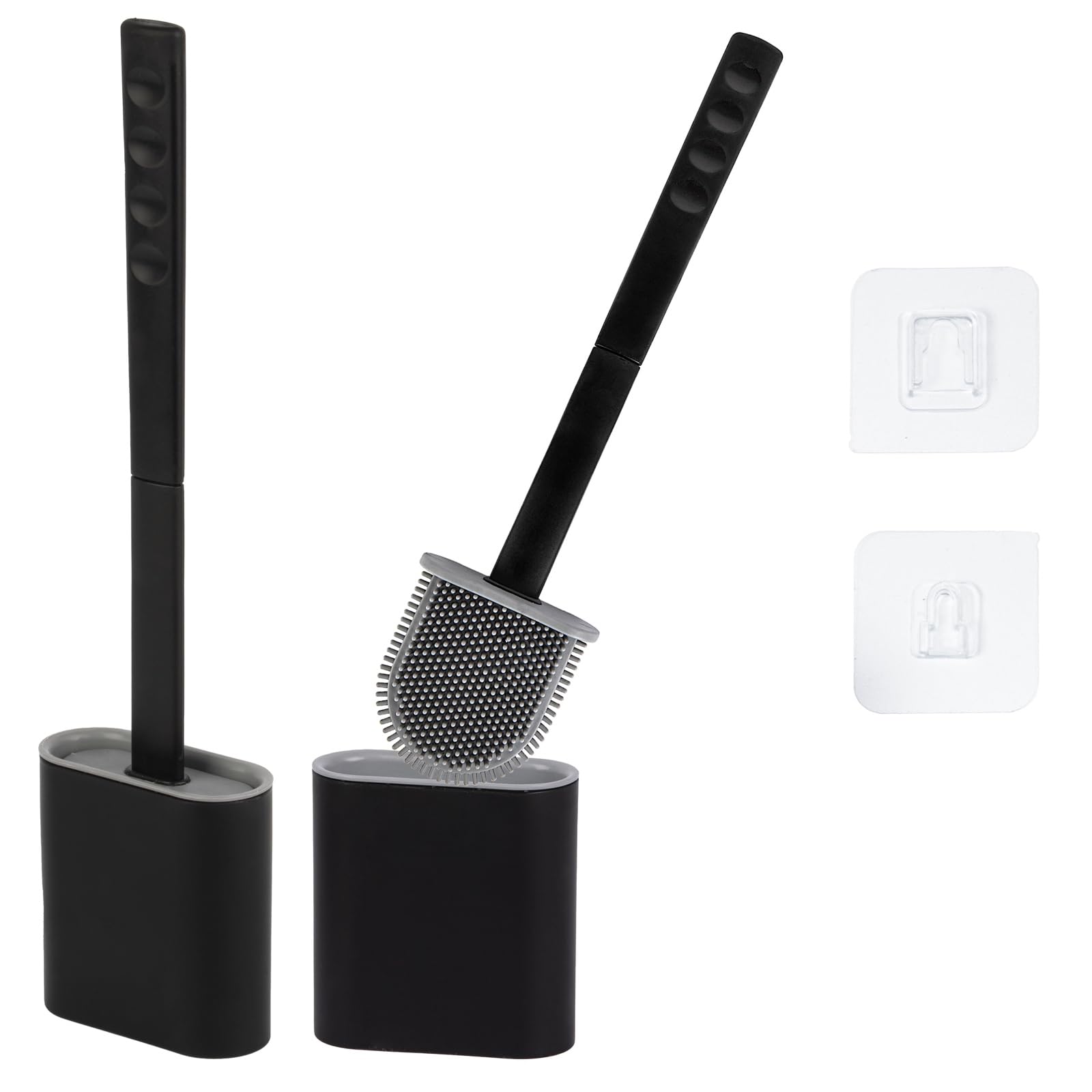Silicone Toilet Brushes & Holders, Pack of 2 Long Non-Slip Handle, Flexible Bristles for Easy Cleaning, Modern Drip-Free Base