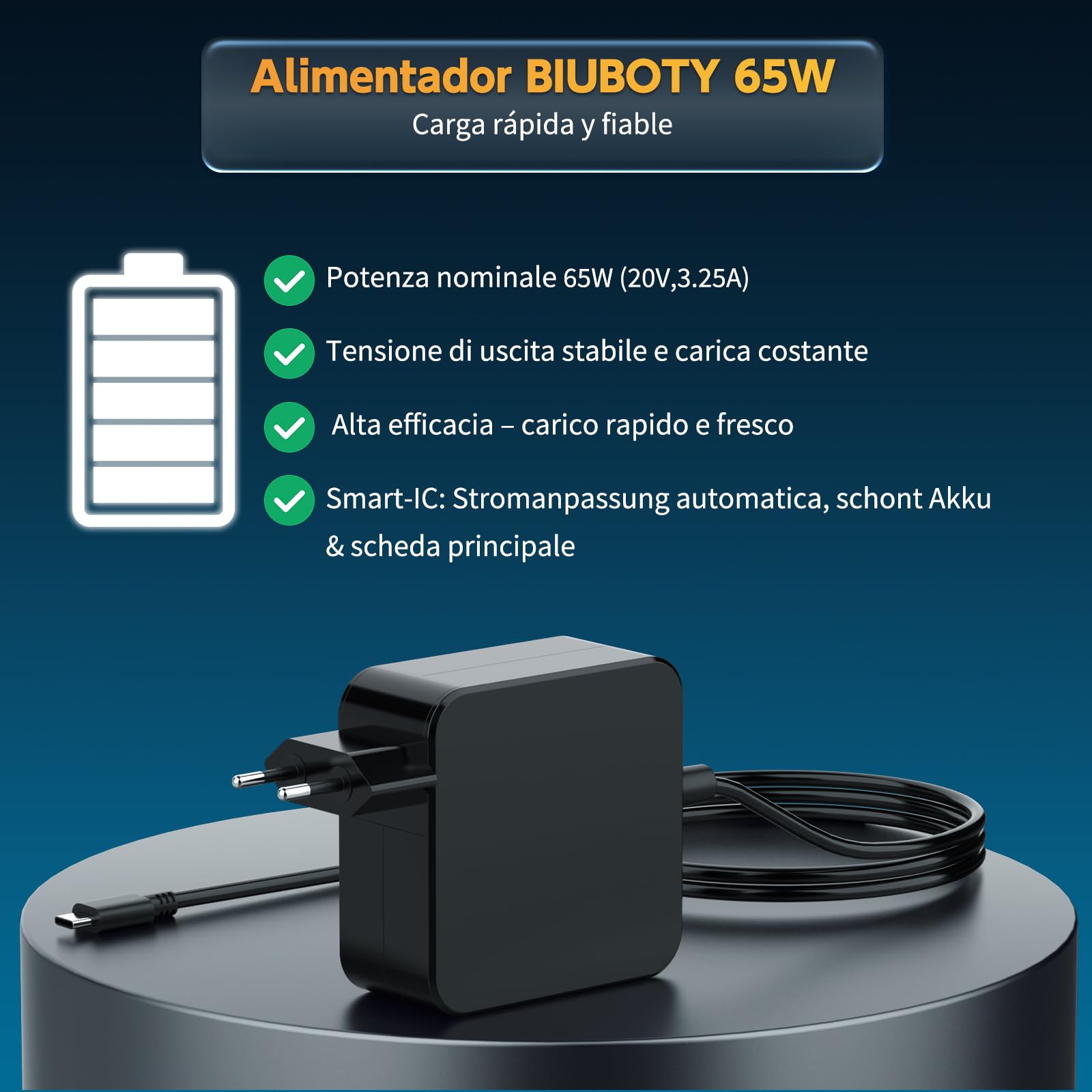 BIUBOTY Alimentatore USB C 65W 20V 3.25A Compatible con Macbook Pro/Air, HUAWEI Matebook, Lenovo Thinkpad Yoga, Xiaomi Air, HP ChromeBook, ASUS ZenBook caricatore per computer USB C