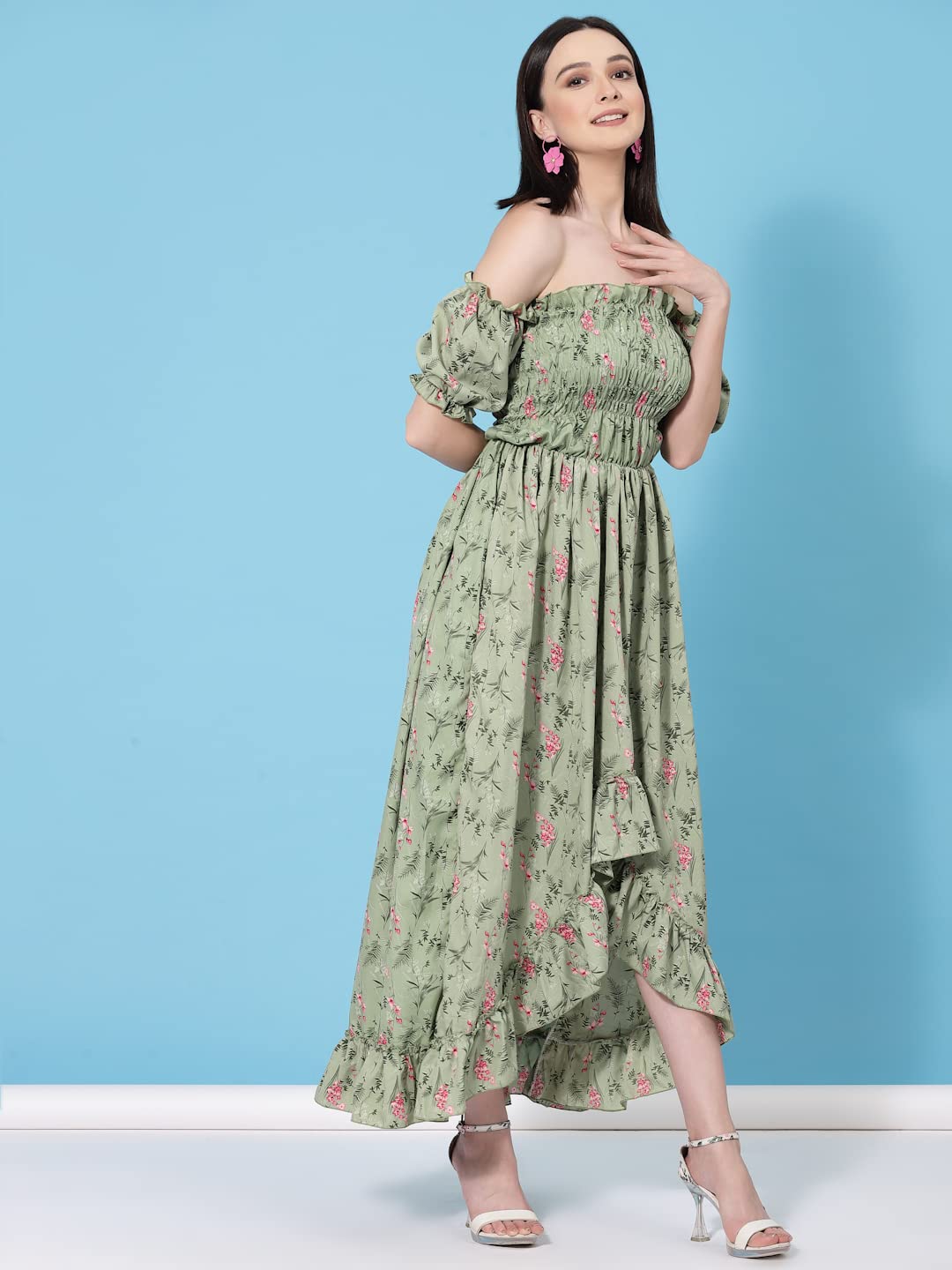 Oomph Flared Dress For Women Stylish | Long One Piece For Women | Off Shoulder Puff Sleeve Long Dress | Floral Print Maxi One Piece | Western & Fusion Wear Bohemian Style