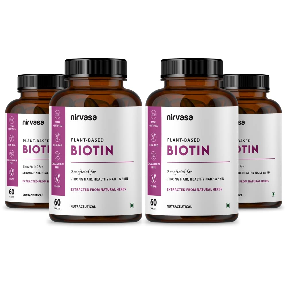 Nirvasa Biotin Tablets for Men & Women | Biotin Supplement to Promote Healthier hair, Stronger Nails, Glowing Skin & Immense Strength | 60 Tablets | Pack of 4