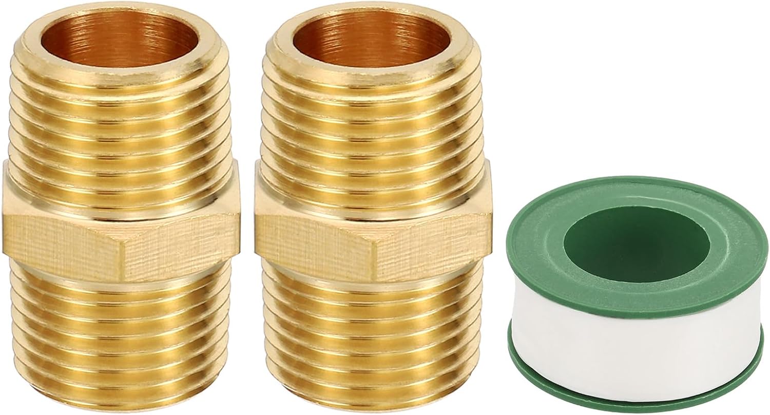PATIKIL Brass Pipe Fittings Coupler Set, 2Pcs 1/4" x 1/4" NPT Male Thread Brass Hex Nipple Coupling Reducer Adapter Tubing Connector Adaptor with PTFE Tape for Water, Air, Oil, Gas Line
