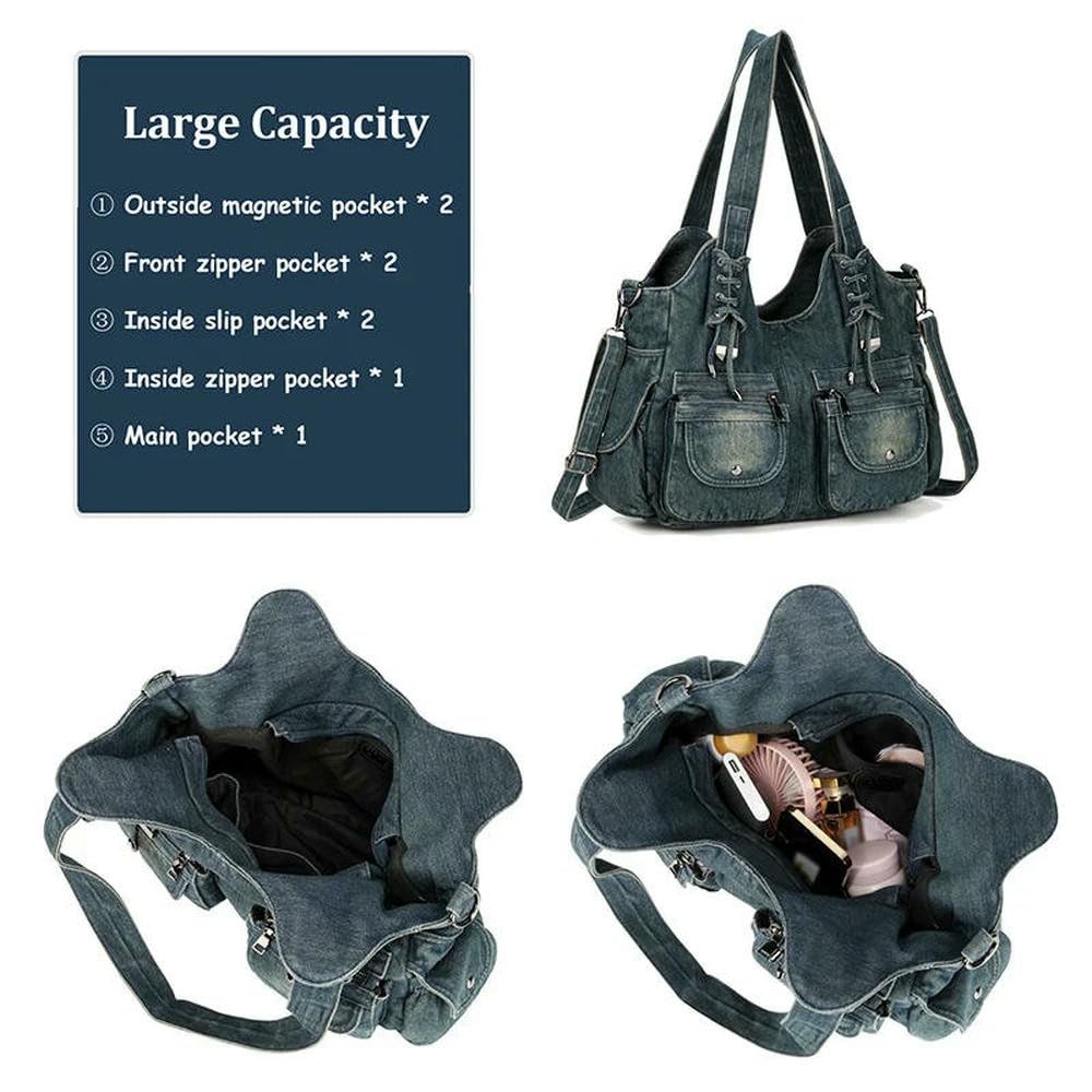 GLDFW - Borsa da donna in denim, stile vintage, blu, con tracolla, grande capacità