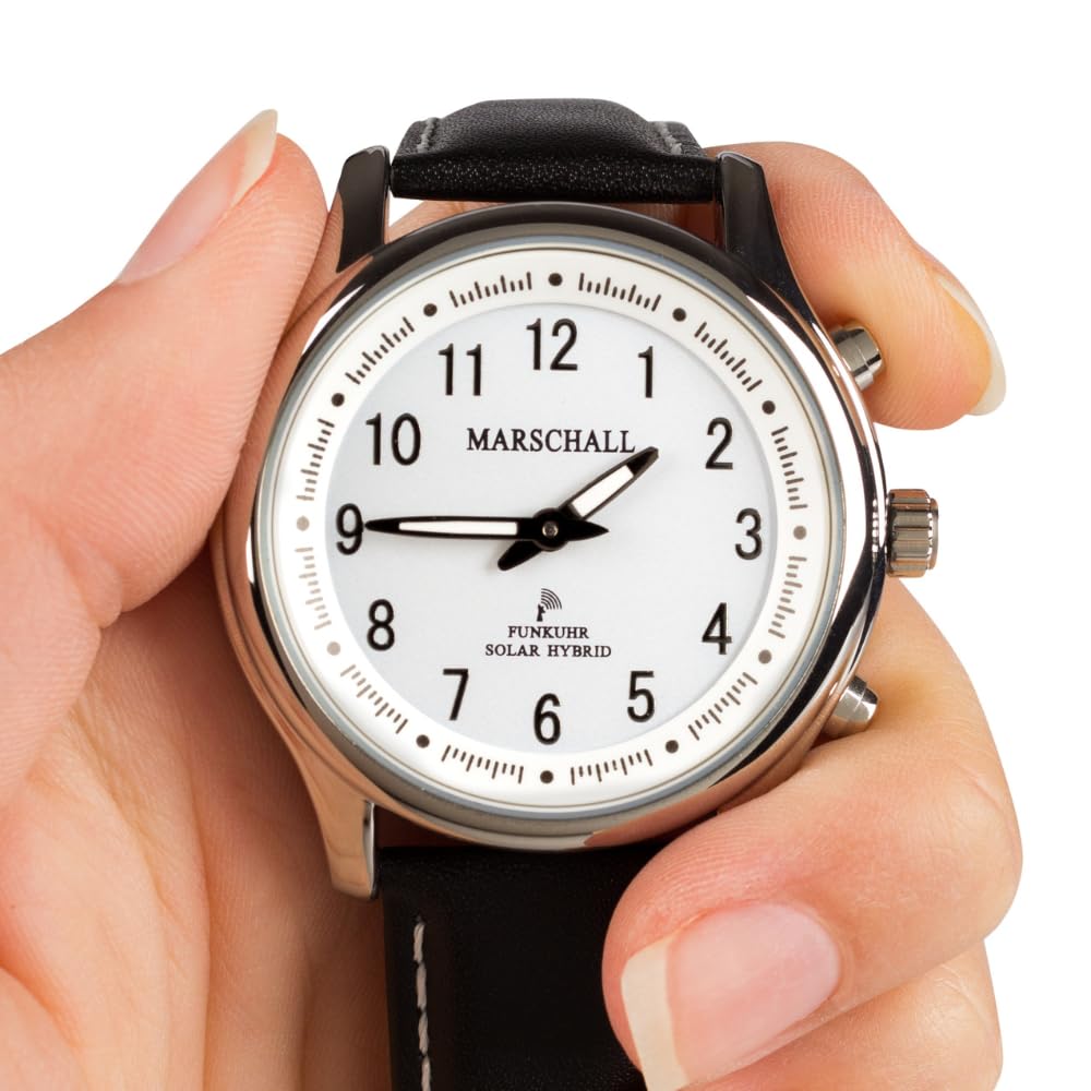 Marschall Deutsch sprechende Damen Armbanduhr I Mit Solarpanel I 1148wl I Funkarmbanduhr I Für Blinde, Senioren und Demenzkranke I Datum- und Zeitansage I Lederarmband