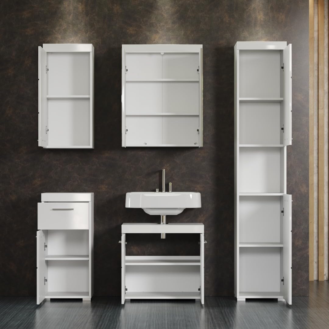 trendteam smart living - Amanda - Badezimmer Komplettset (WBU + Spiegelschrank + Standschrank + Hochschrank + Hängeschrank) - Weiß/Weiß Hochglanz - (BxHxT) 163 x 190 x 34 cm - Kratzfest