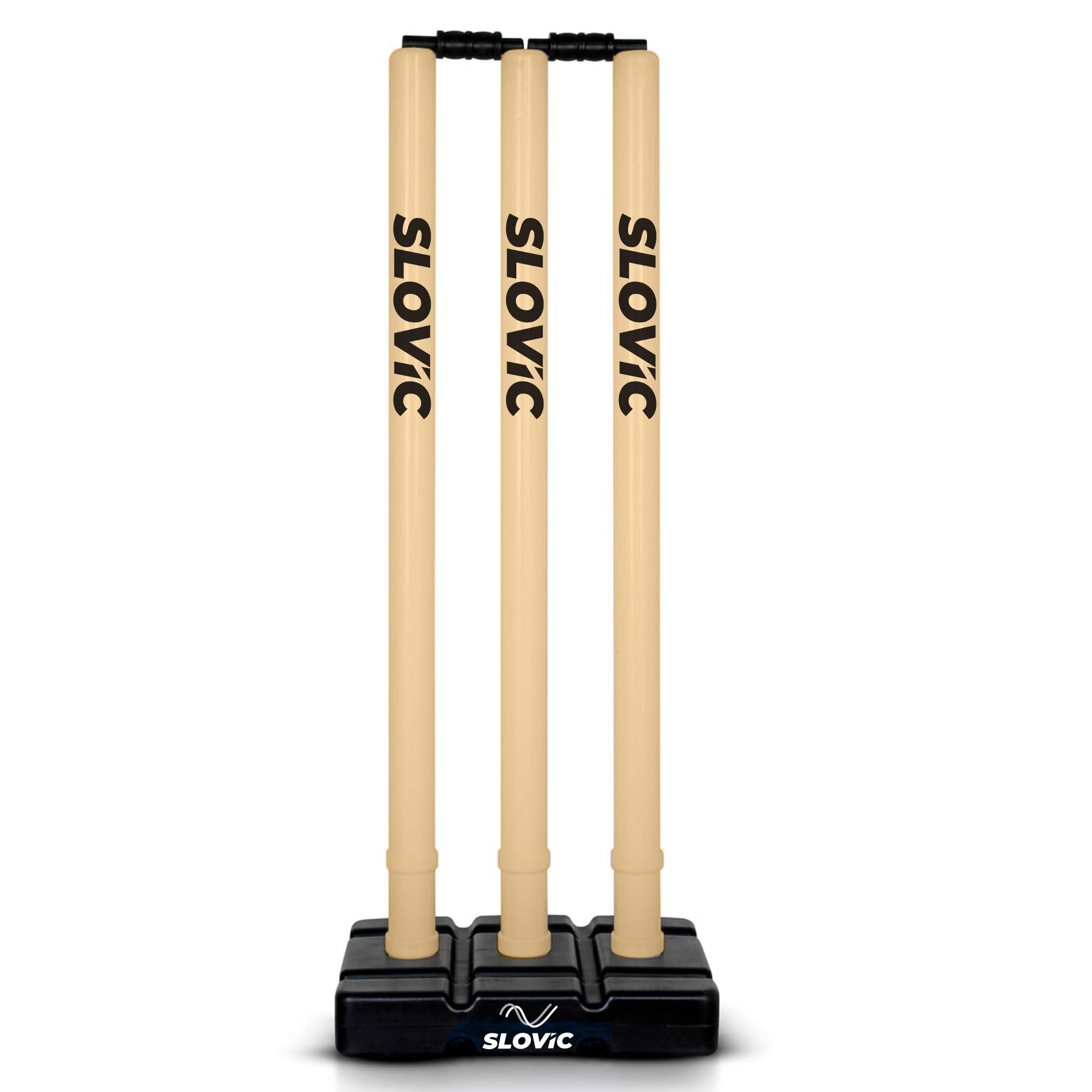 Slovic Cricket Stupms Set for Home [3 Stumps + 2 Bails + 1 Stand] | Plastic Wickets for Home, Cricket Ground & Box Cricket | Durable Plastic | Black Stand