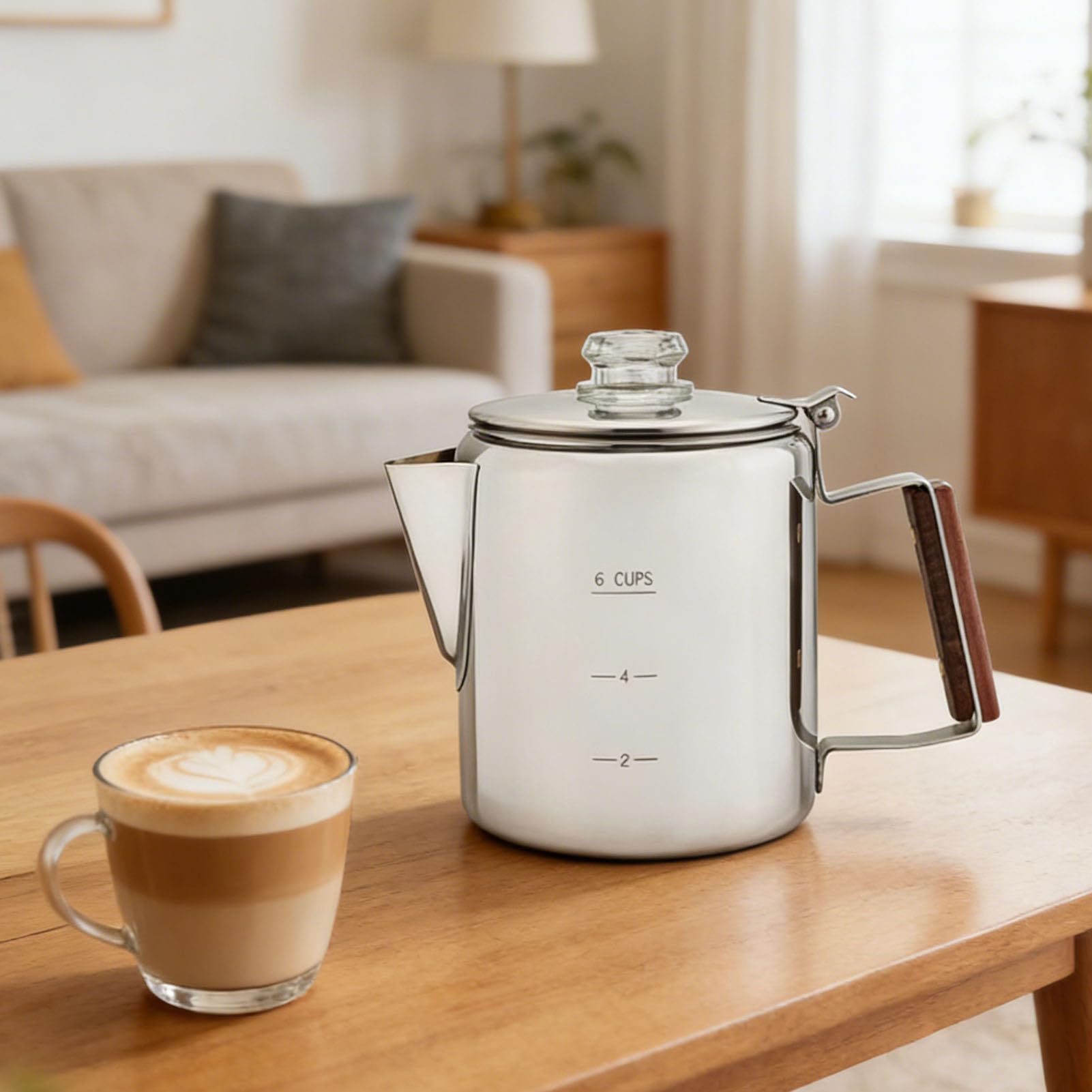 Luqeeg Caffettiera da Piano, Acciaio Inox (6 tazze 900-1500 ml) | Filtro Fine, Compatibile con Diversi Fornelli, Percolatore con Beccuccio a V e Manico in Legno per Campeggio e Picnic