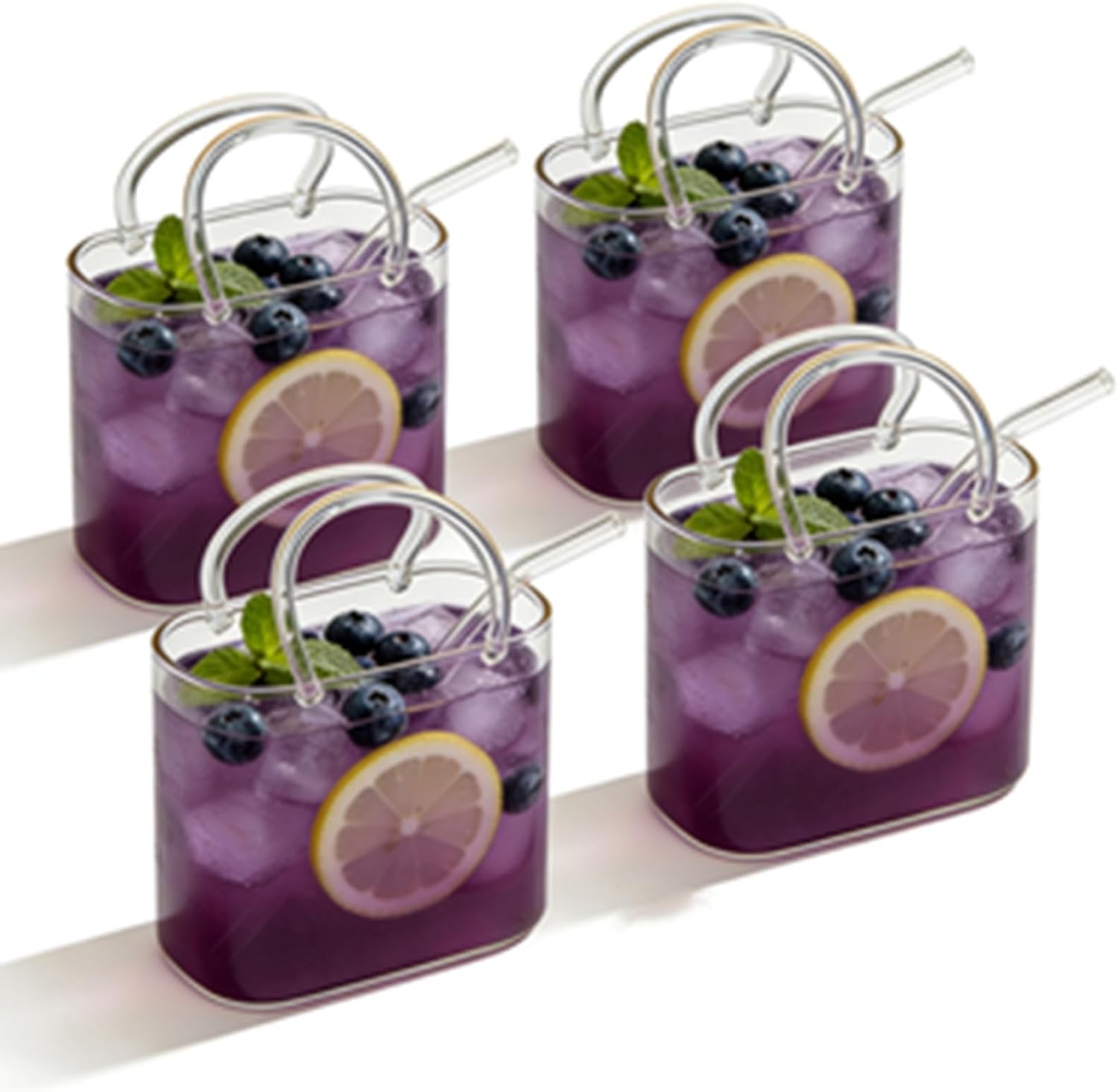 Purse Drinking Glass, Glass Purse for Drinks, Handblown Pursess Drinking Glass with Straw Decorative Fish Bowl Vase for Fruit Juice Afternoon Tea Flowers Picnic(4 Set)