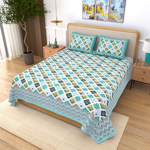 Image of India 100% Pure Cotton Jaipuri Printed Double Bedsheet with 2 Pillow Covers | Traditional Sanganeri Floral Design | Soft Breathable Fabric | King Size Bedsheet for Bedroom (Kaya37)