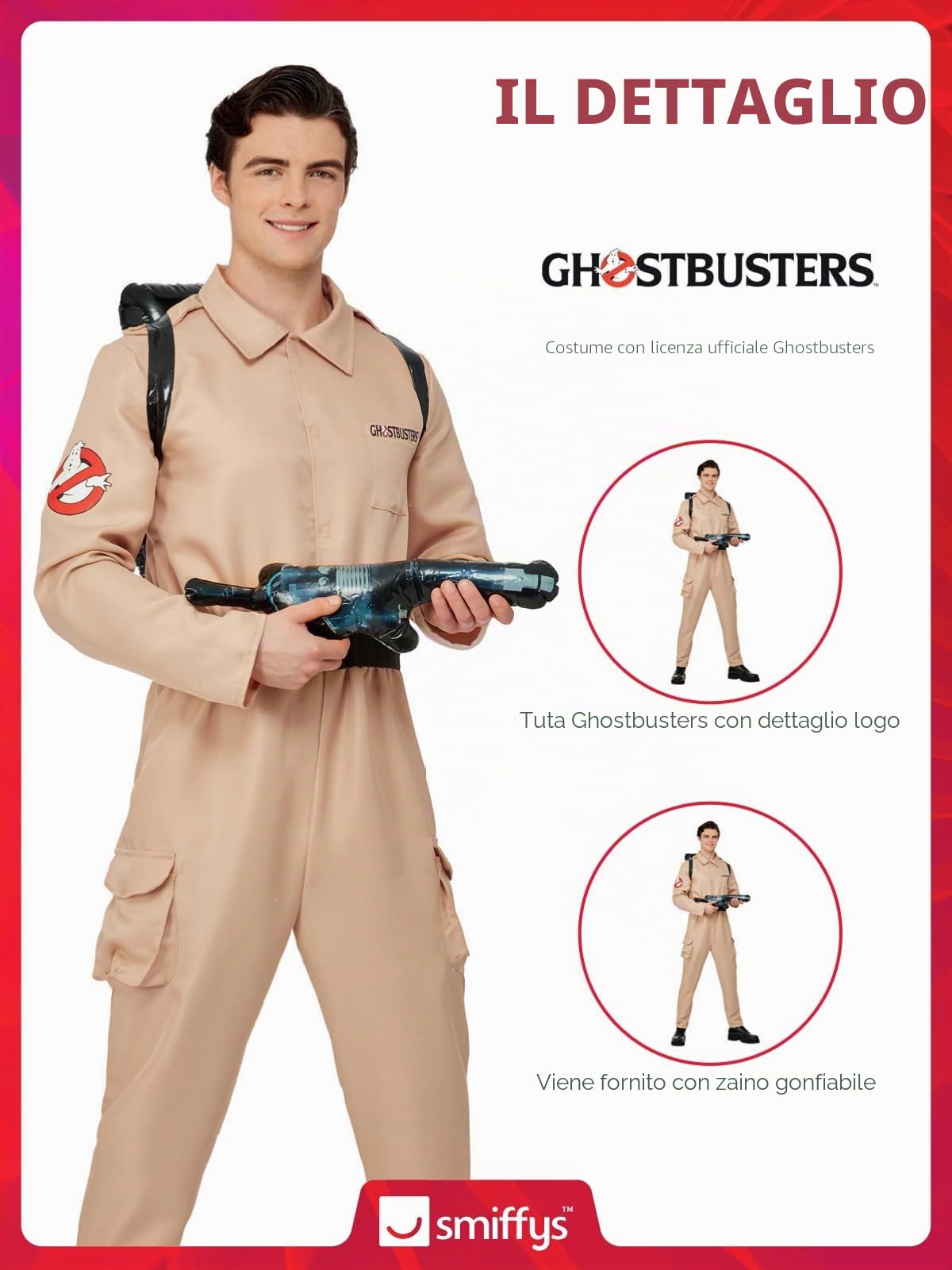 Smiffys Ghostbusters Costume da uomo per adulti, tuta e zaino gonfiabile, beige, licenza ufficiale, perfetto per Halloween, gruppi ed eventi a tema anni '80