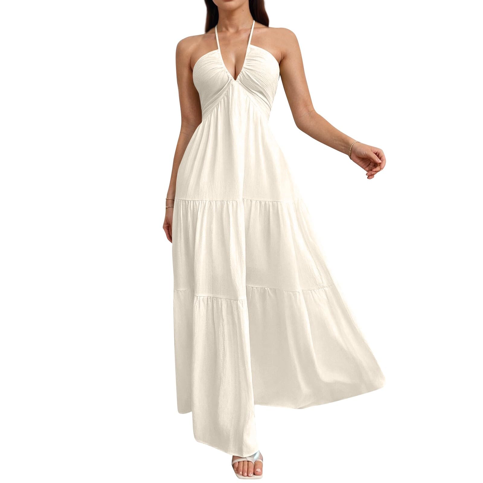 Halter Neck Dresses for Women 2026 Backless Deep V Neck Maxi Sundress a Line Empire Waist Spaghetti Strap Dress