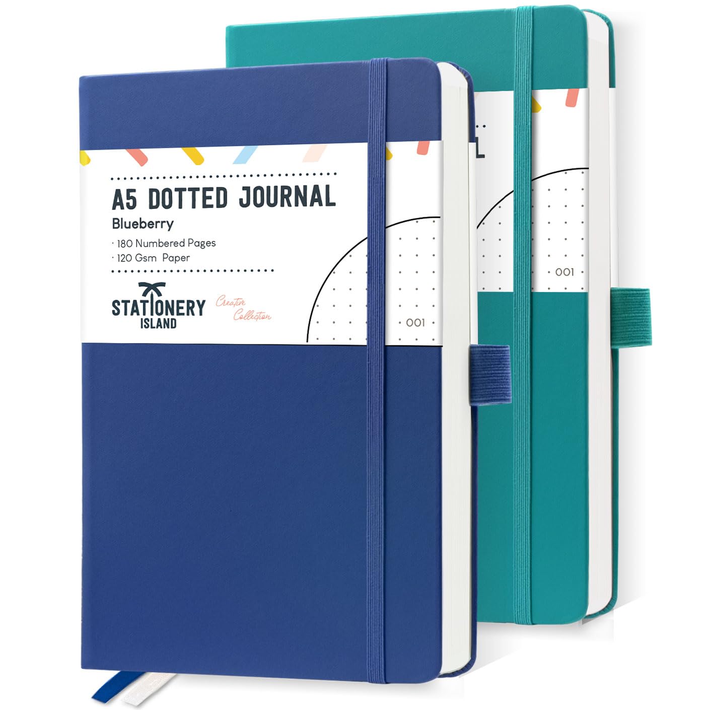 STATIONERY ISLAND A5 Bullet Dotted Journals, 180 Numbered Pages (2 Pack), 120gsm Thick Paper Hardcover Dotted Notebooks, 5.3"x8.4" for Journaling, Planning, Study (teal + blueberry)