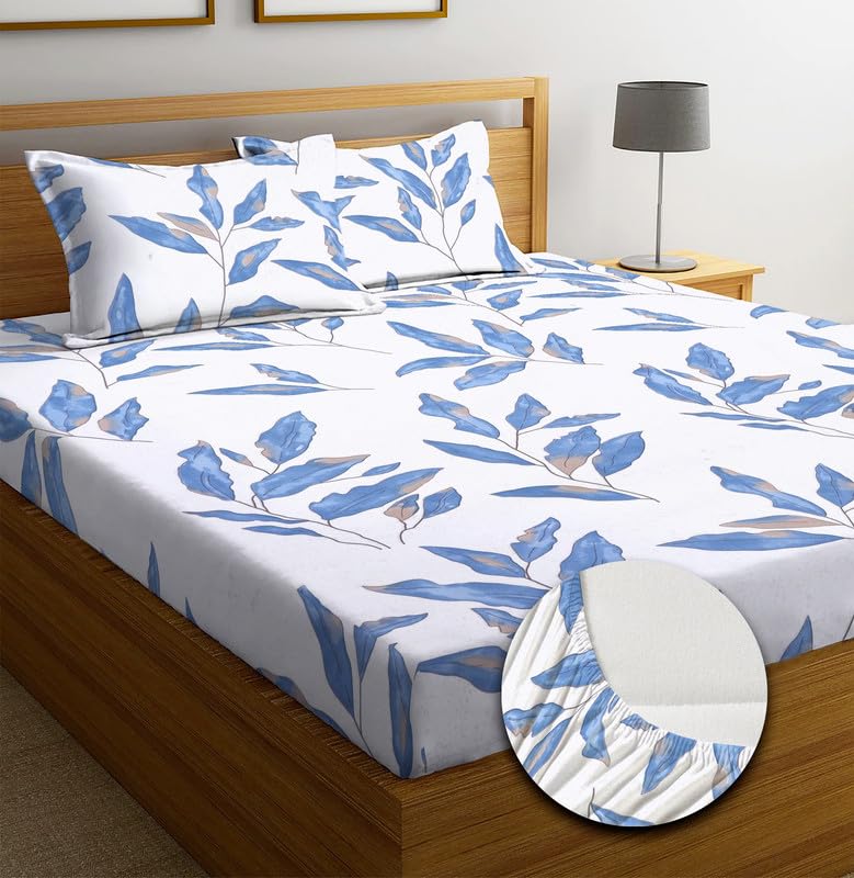 Image of NEW LEAF Premium Cotton Elastic Fitted Bedsheets with 2 King Size Pillow Covers | Double Bed with All Around Elastic 180 TC Supersoft |Size-72 King Sizex78+10 inches | Floral, White & Blue